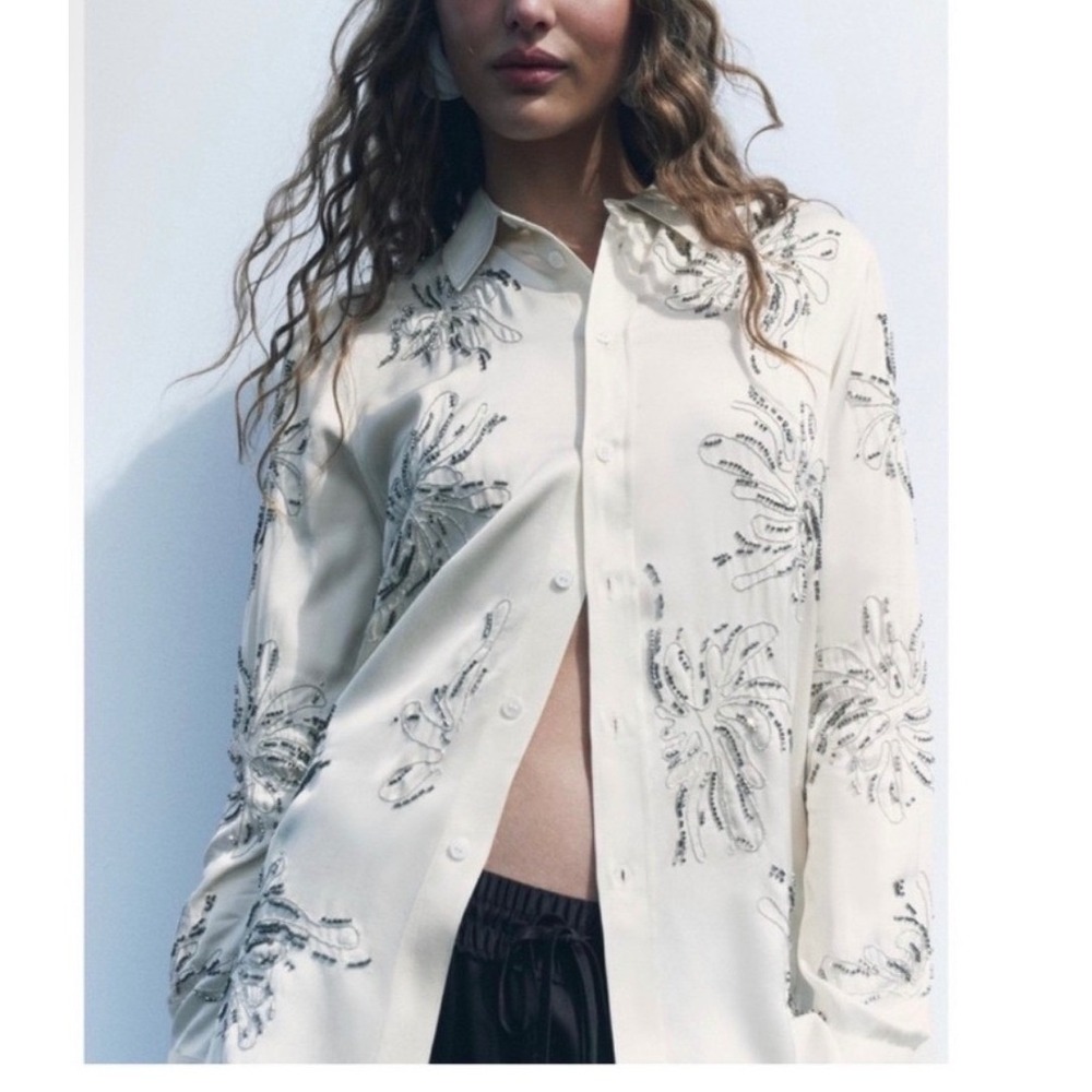 Zara Button Down Blouse Women Small Cream Beaded Floral Viscose Shirt
